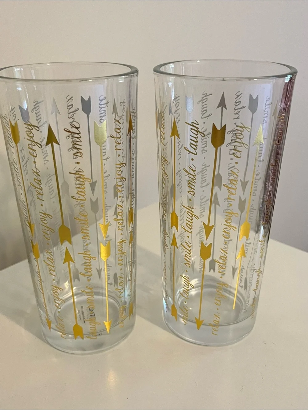 Vtg TMD HOLDINGS Gold Arrows High Ball Glasses Set Of 4 Smile Laugh, Enjoy Relax
